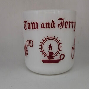 Vintage Tom and Jerry Mugs Set of 5 Milk Glass Red Graphics Holiday Eggnog Cups